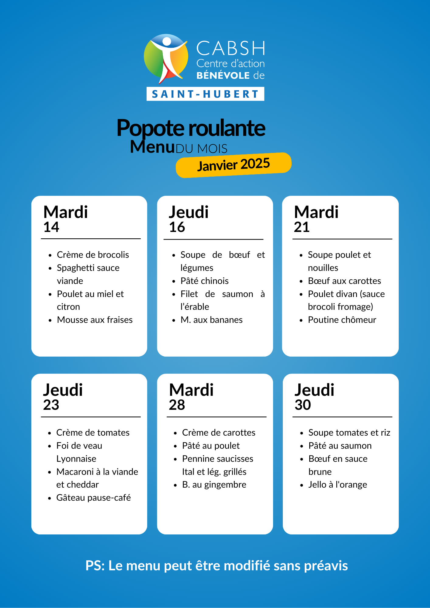 Menu janvier 2025